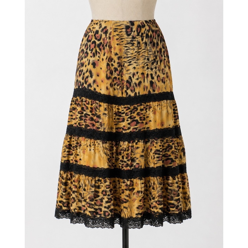 Spense Womens 12 100% Silk Leopard Print Tiered Skirt Black Lace Trim Boho Y2K